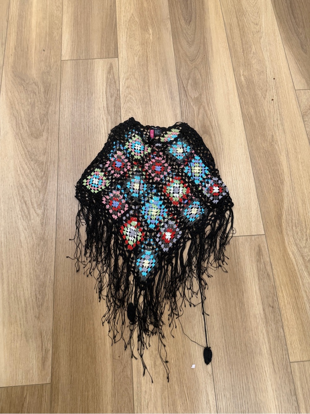 Y2K Say What? Black Crochet Fringe Poncho with Multicolor Granny Squares